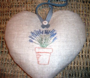 Lavender in a pot embroidery sewn into a heart and filled with fragrant lavender to match the picture